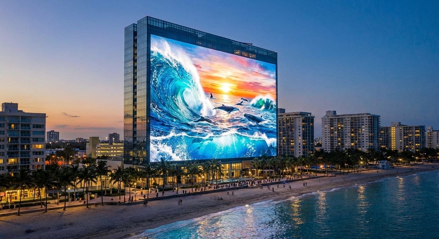 A building facade LED transparent display at coastal areas