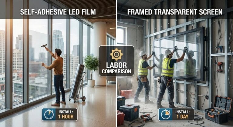 Self-adhesive LED film vs framed transparent screen labor comparison