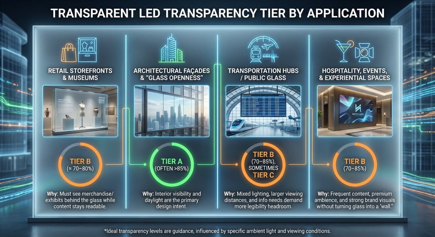 Transparent LED transparency tier by application
