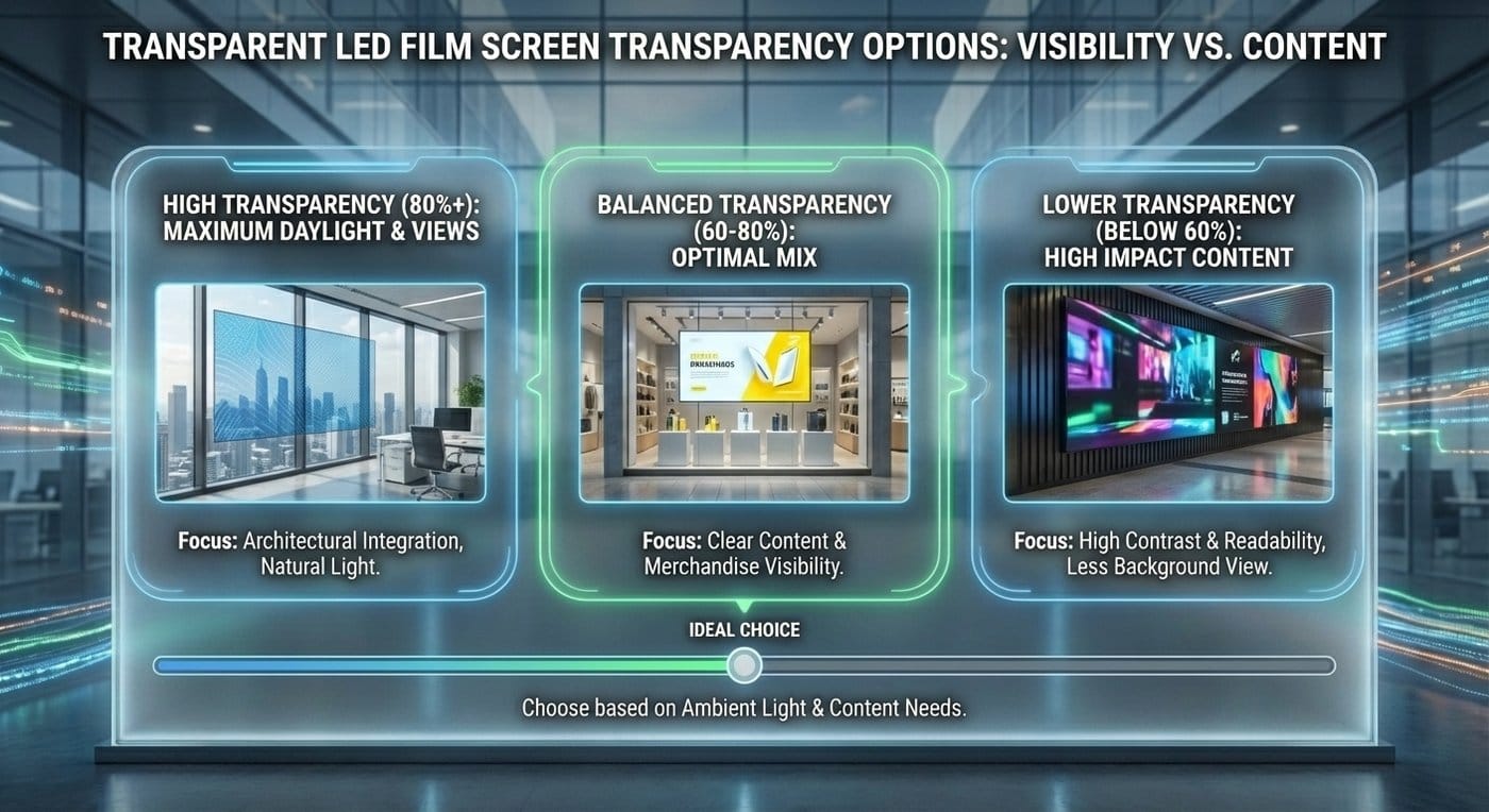 What transparency levels are available for transparent LED film screens