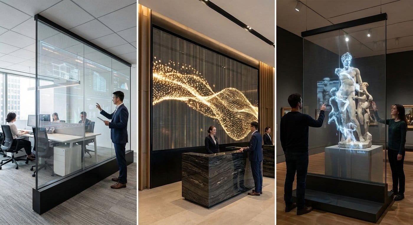 transparent led-skärm för skiljeväggar inomhus, lobbyer, museer
