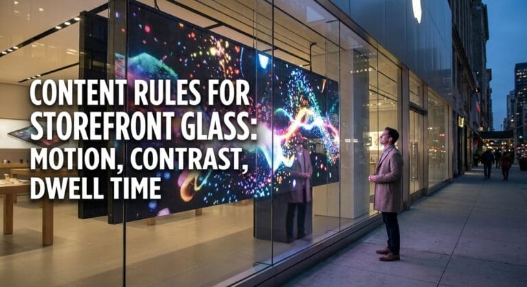 Content rules for storefront glass motion, contrast, dwell time