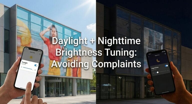 Daylight + nighttime brightness tuning avoiding complaints for transparent led