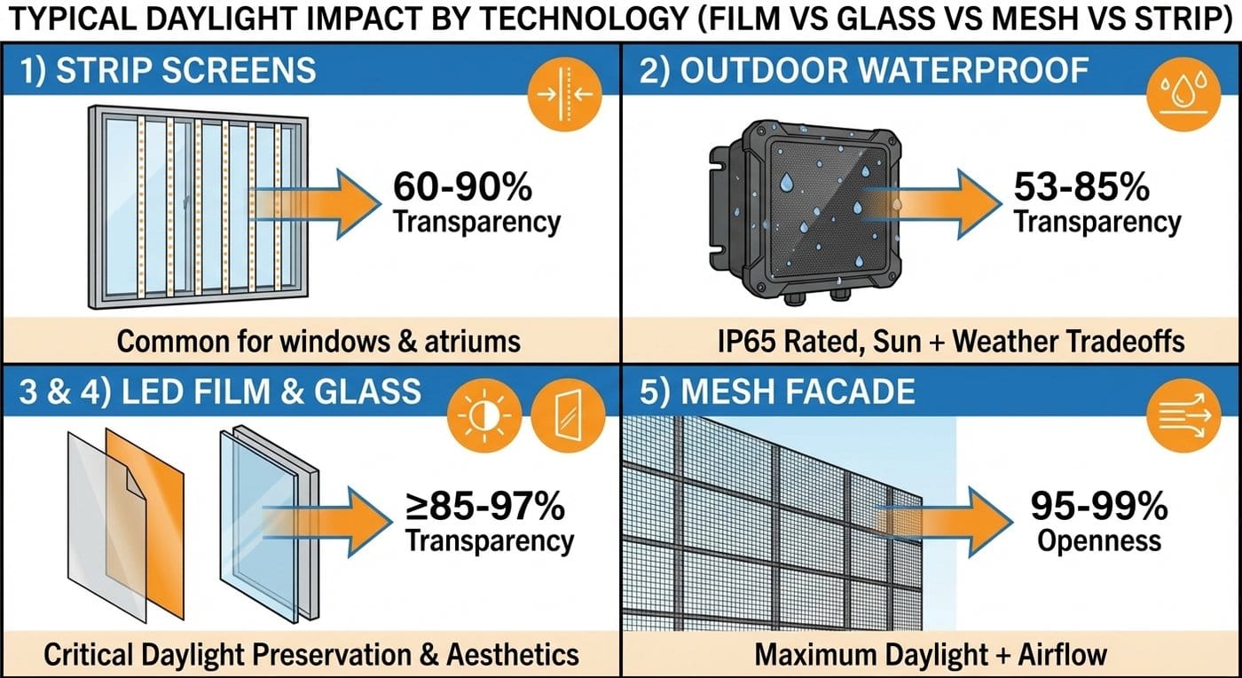 Typical Daylight Impact by Technology Film vs Glass vs Mesh vs Strip