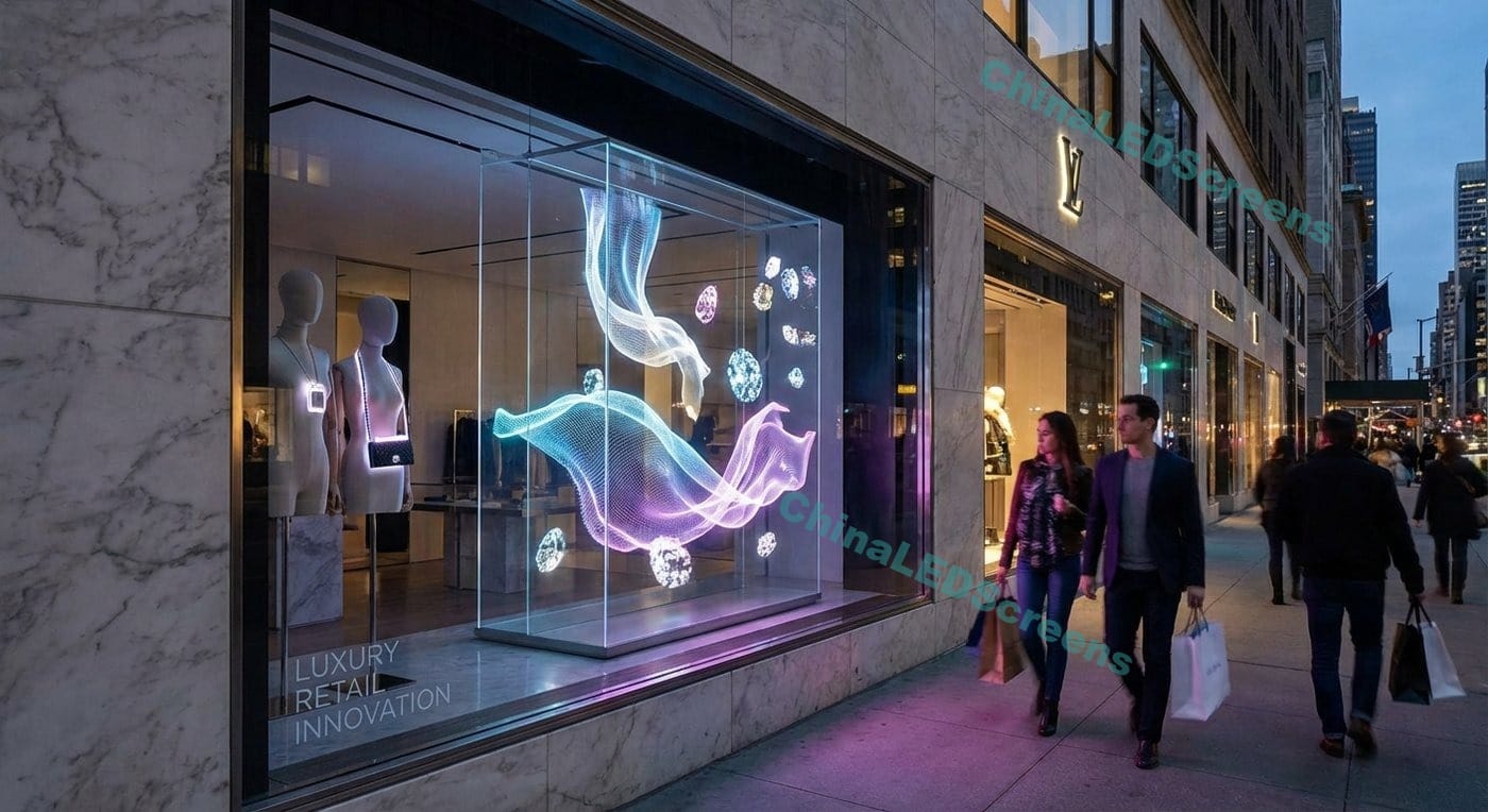pantalla led holográfica para escaparates de tiendas de lujo