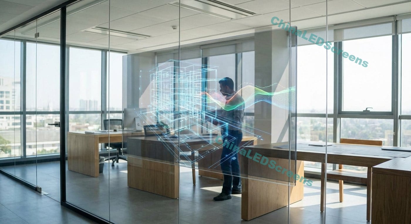 pantalla oled en el cristal de la ventana de la oficina premium