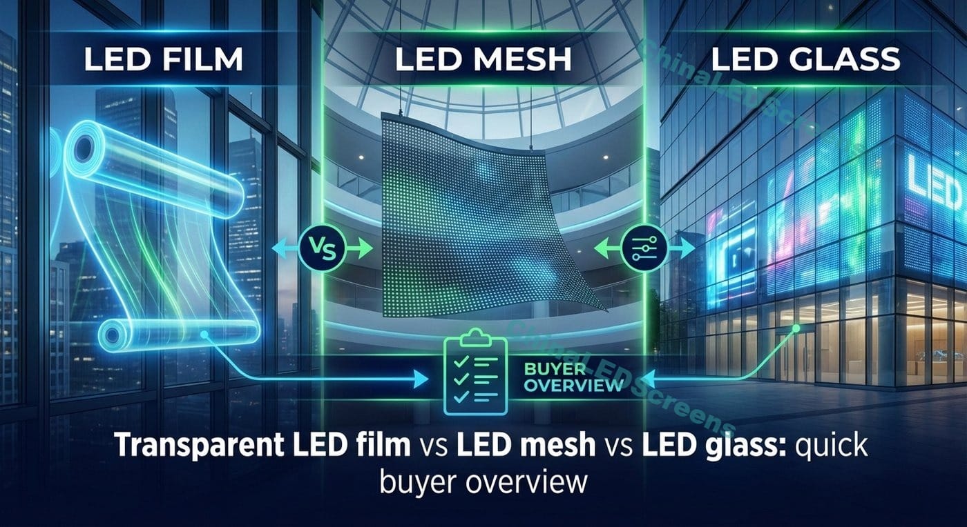 película LED transparente vs malla LED vs vidrio LED resumen rápido para el comprador