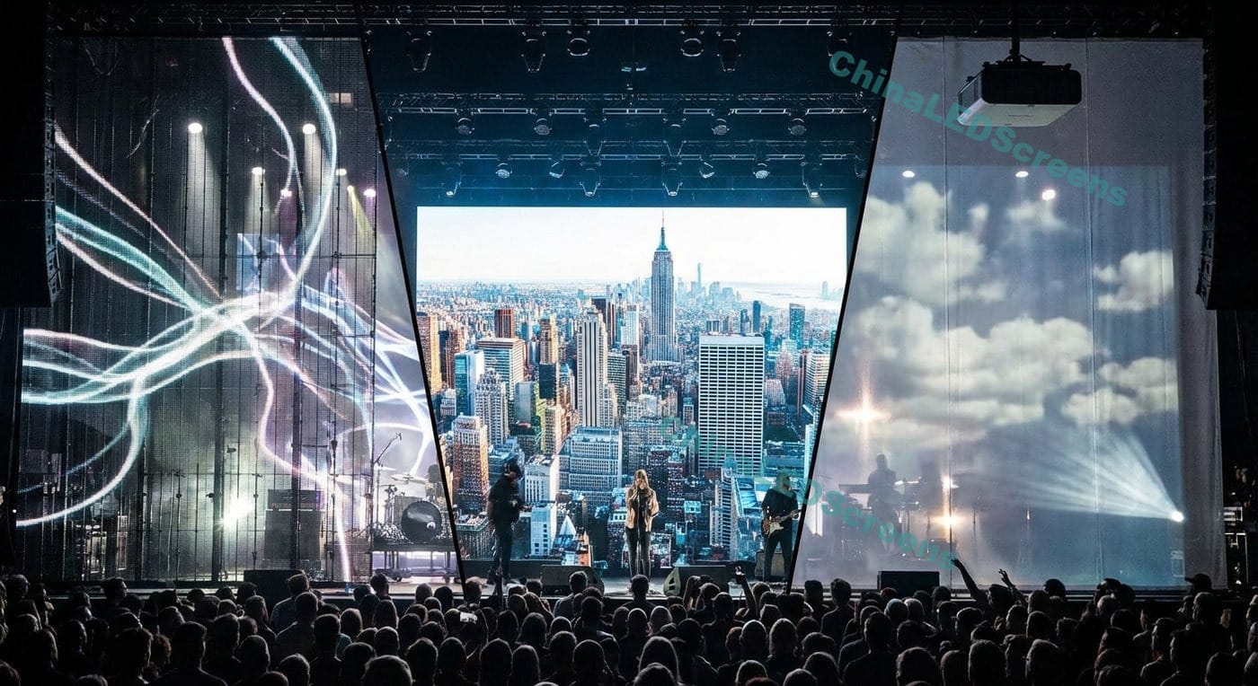 Mesh LED curtain vs solid LED wall vs scrimprojection