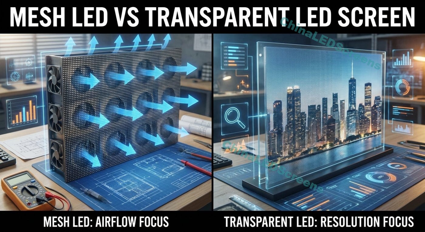 Mesh-LED vs. Transparent-LED-Bildschirm Kompromiss zwischen Luftstrom und Auflösung (Leitfaden für Ingenieure)