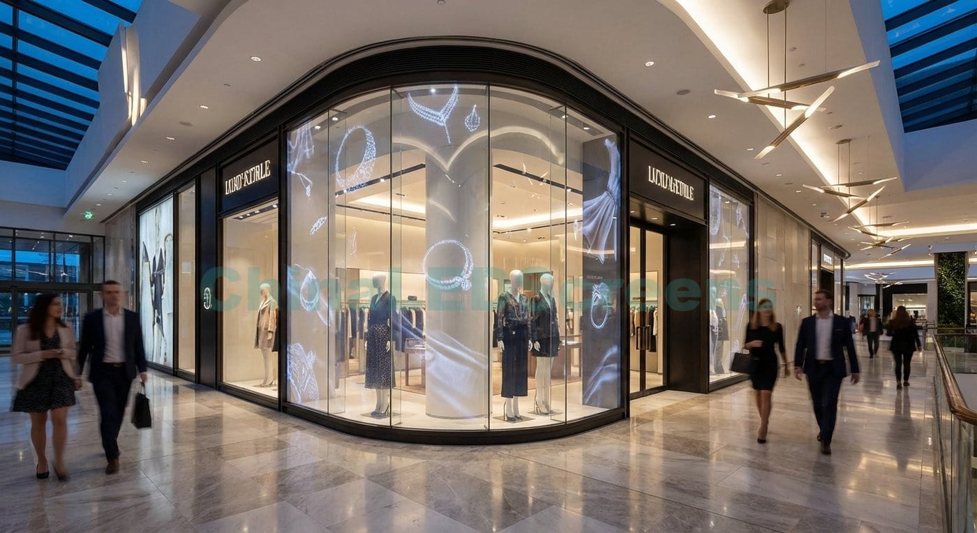 luxury glass storefront using adhesive flexible transparent LED