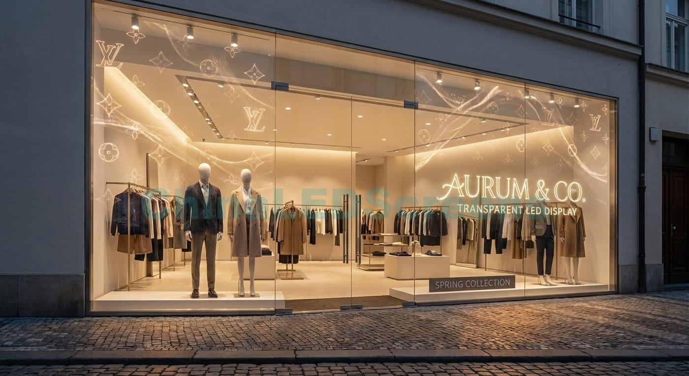 retail boutique window with transparent LED film